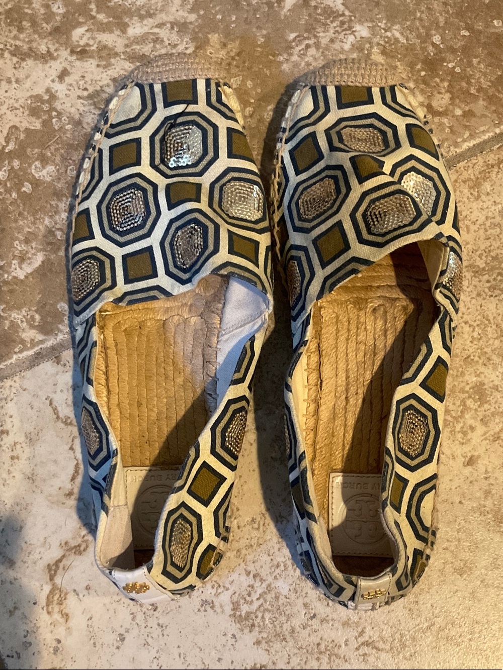 Tory Burch Olive and Black Geometric Espadrille Slip-Ons